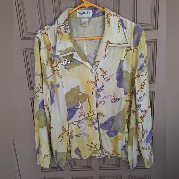 Key Lime Pie Blouse SzL Tencel/Cotton Lavender/Yellow Long Sleeves Button Front - Picture 1 of 13